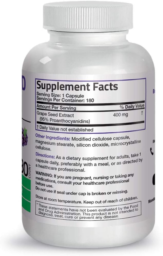 Bronson Grape Seed Extract 400 mg - Antioxidant & Immune Support - Standardized Extract with 95% Proanthocyanidins- Non GMO, 180 Vegetarian Capsules : Health & Household