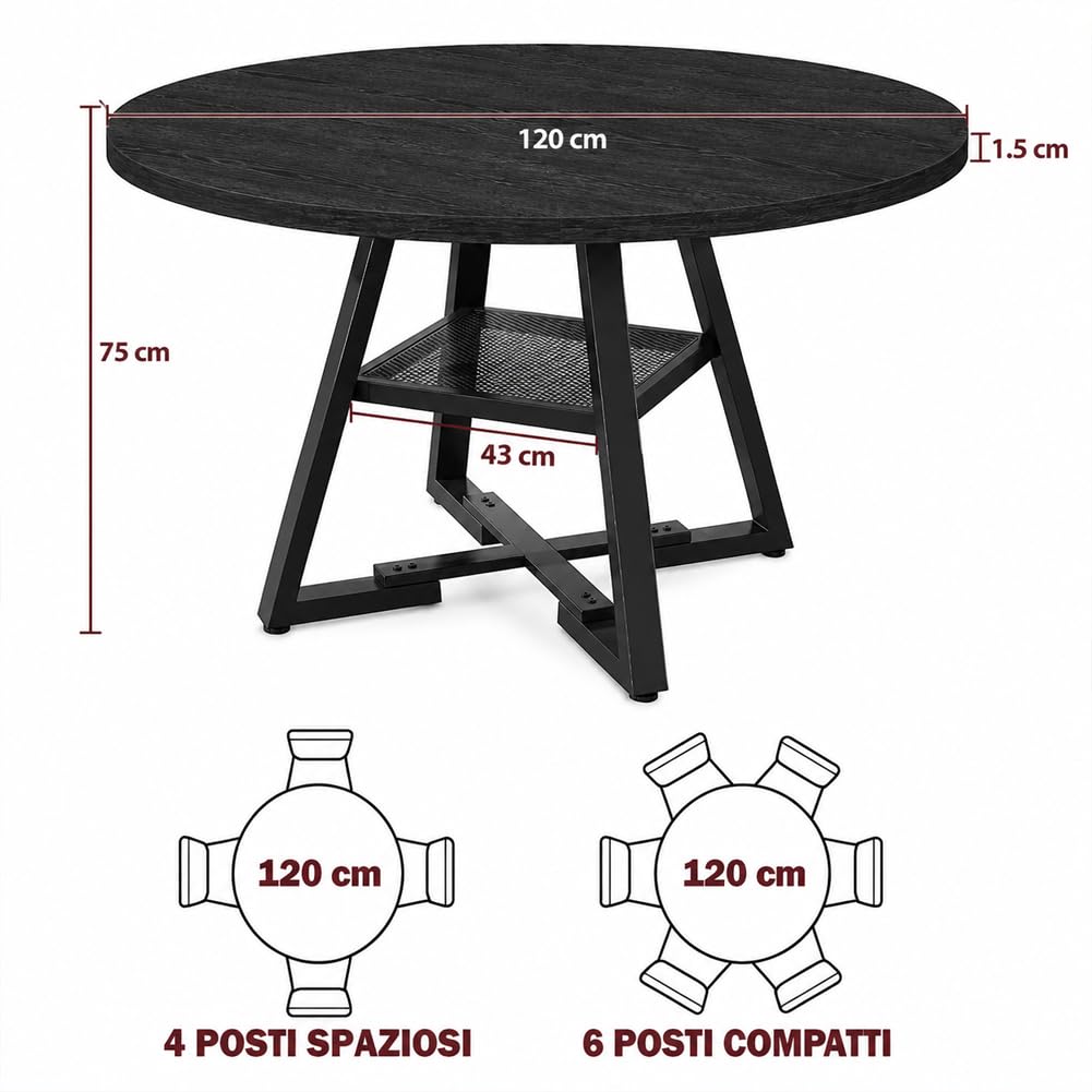 Shally Dogan Tavolo Rotondo per Sala da Pranzo e Cucina Diametro 120cm, Gambe in Metallo con Ripiano Portaoggetti Inferiore e Piano in Legno, Ideale per Casa e Ufficio (Nero)