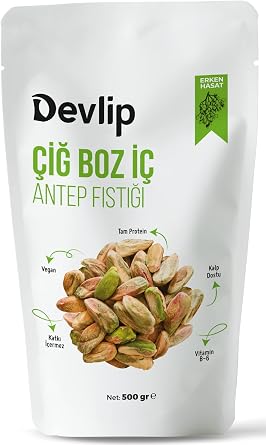 Devlip Early Harvest (Grey) Raw Inner Pistachios, 500 GR, Locked (Open-Close) Packaging, Vegan