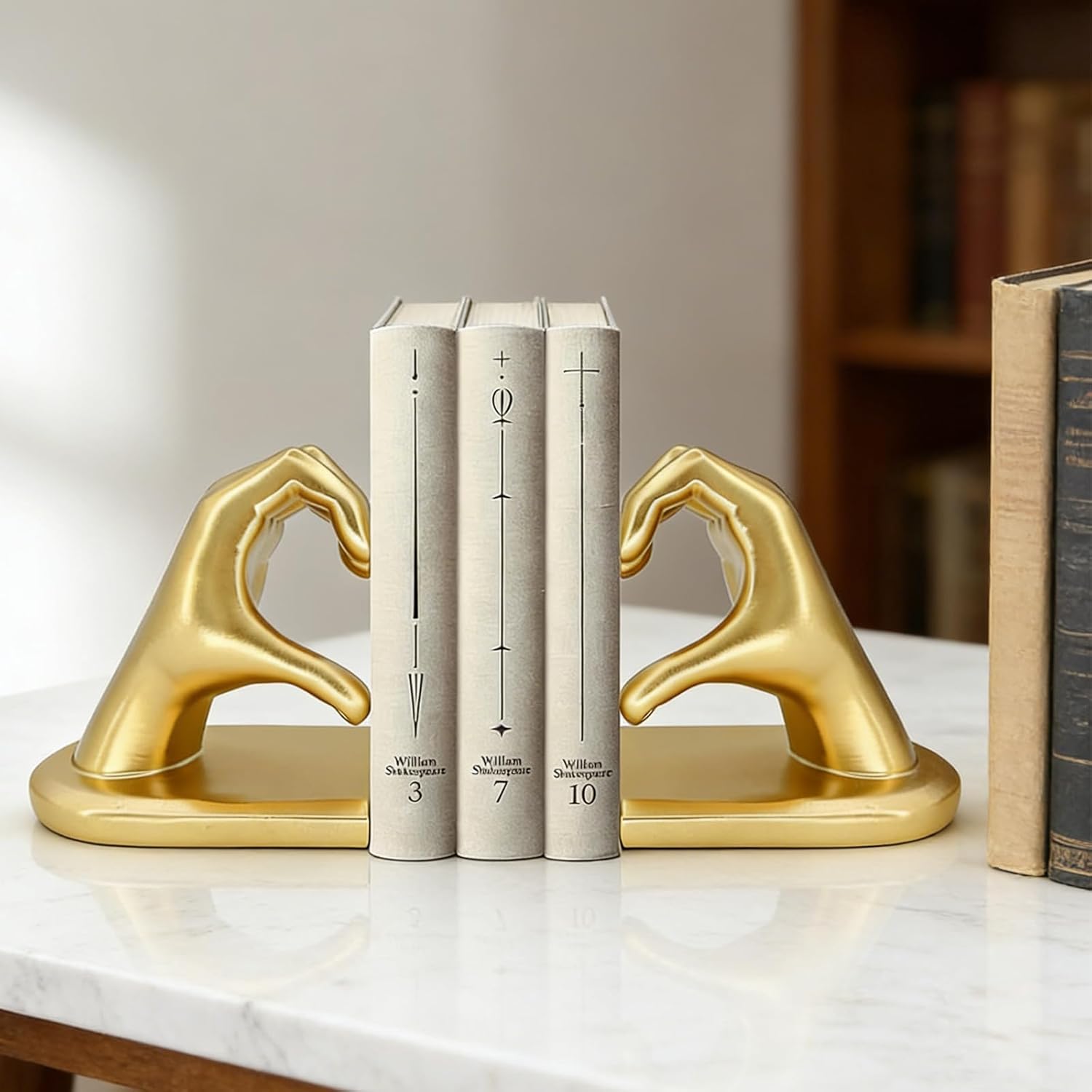 Book Ends for Shelves, Gold Heart Hands Decorative Bookends Book Holder for Bookshelf Decor, Unique Book Holders Heavy Duty Book Stopper Book Shelf Sculpture Aesthetic Decor for Rooms Office Home
