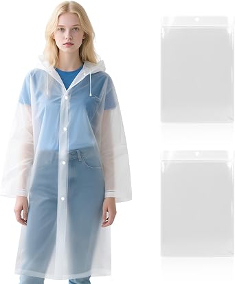 Rain Poncho for Adults, 2 Pcs Reusable EVA Raincoats, Waterproof Emergency Travel Rain Jacket for Women Men with Hood and Drawstring, Portable Hiking Camping Fishing Rainwear