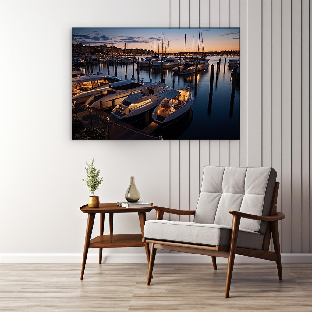 Canvas for Living room. Twilight Serenity at the Marina - Luxury Boats Bask in the Dim Glow of Dockside Elegance, 27 x 18 inch Canvas Wall Art - Ready to Hang - 69x46 cm (27x18 inch)