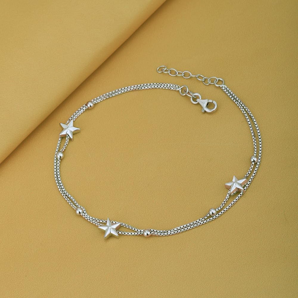Vanbelle Sterling Silver Jewelry - Rhodium Plated with 925 Stamp - Double Layer Star and Beaded Chain Anklet - 9" long + 1" Extender - Image 6