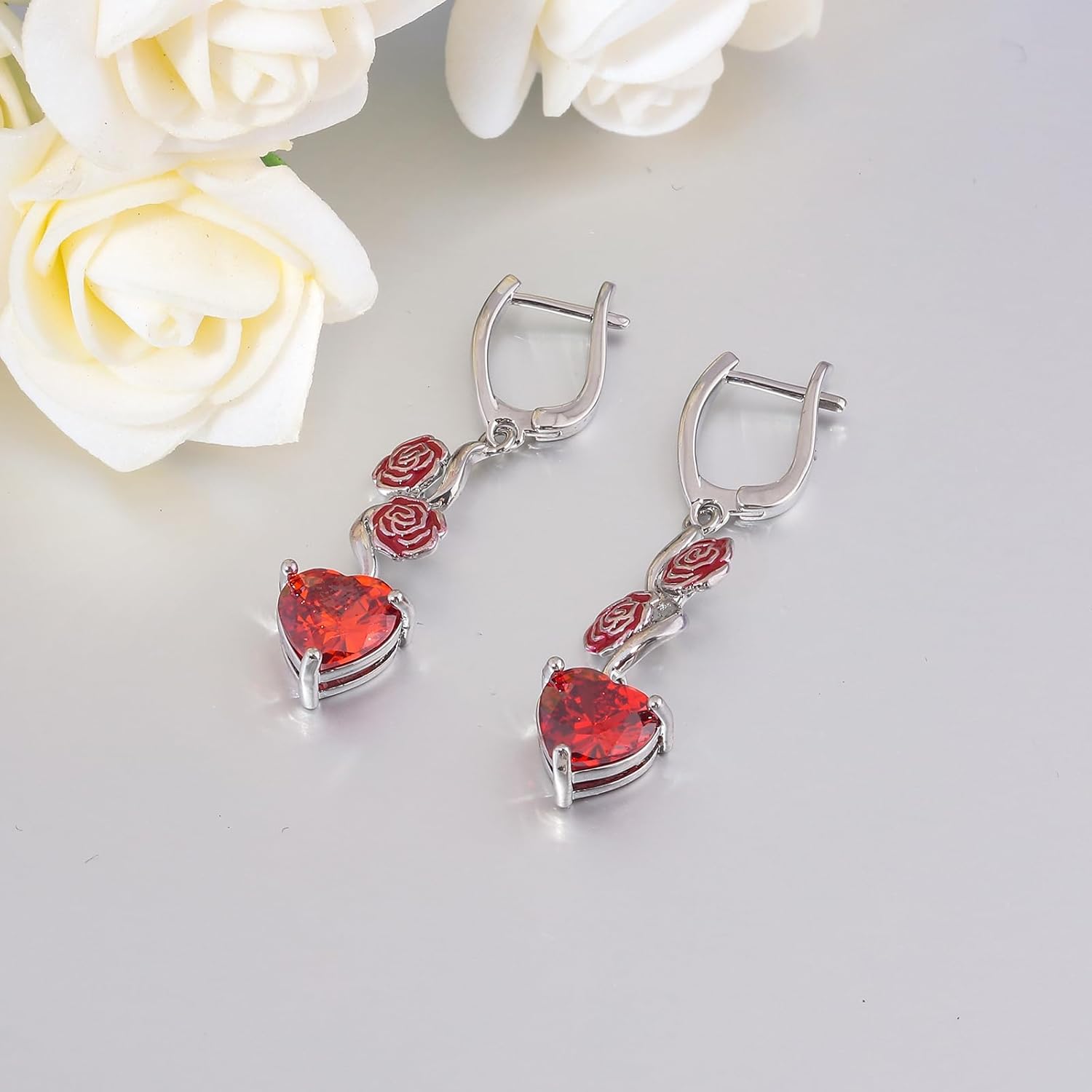CiNily Heart-Cut Dangle Drop Earrings for Women 14K White Gold Cubic Zirconia Drop Earrings Rose Flower Simulated Diamond Dangle Earrings Jewelry Gifts for Mothers Day Weddings Birthday Party - Image 6
