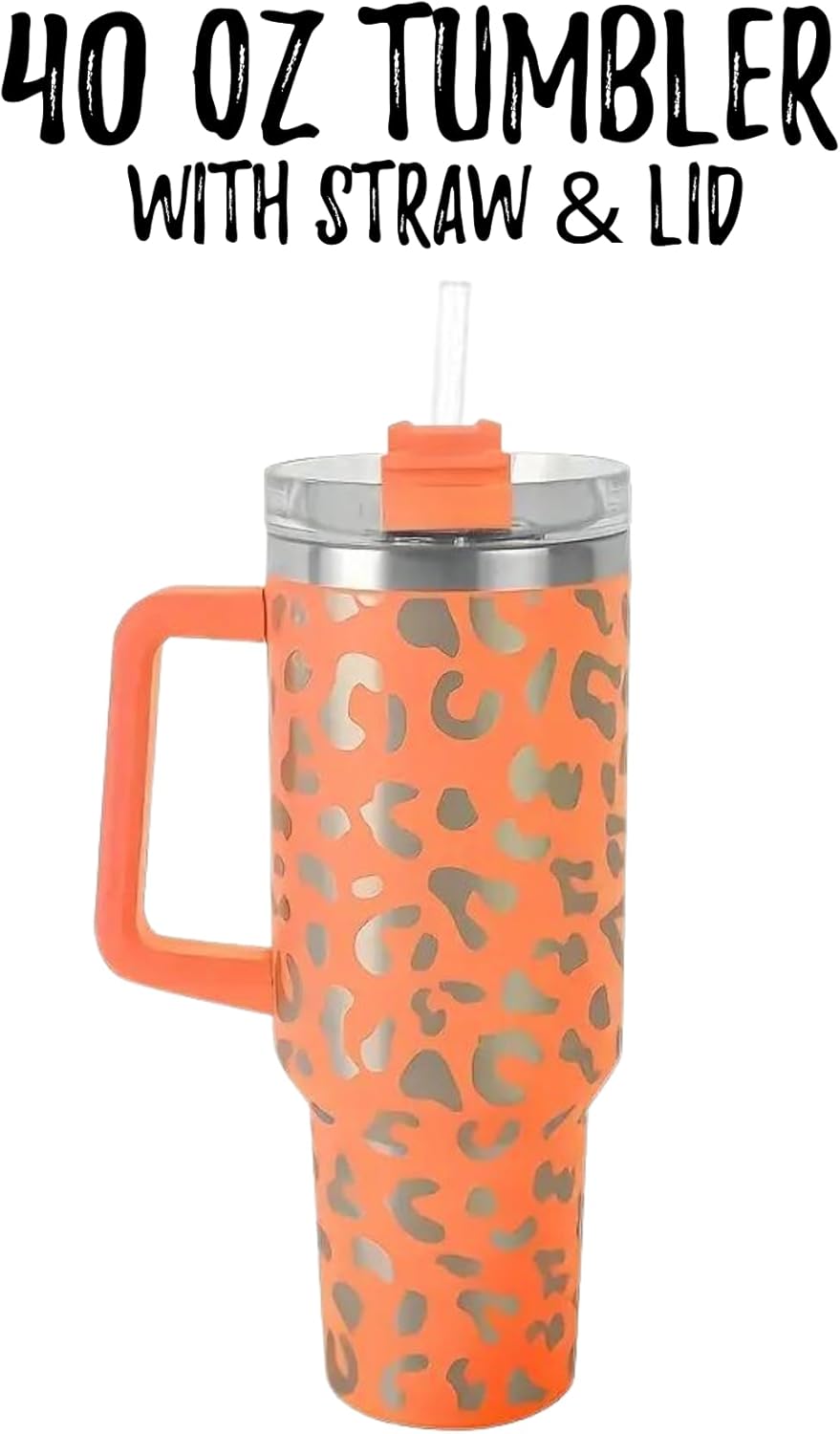Lashicorn 40 Oz. Tumbler with Handle and Straw Orange Leopard Silver 10” tall Cup lid included Insulated Stainless Steel Vacuum Travel Mug Boutique Cheetah Print - Image 3