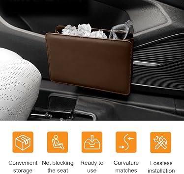 Car Trash Can, Auto Leather Trash Bin Garbage Organizer Holder with One Roll Trash Bag, Mini Foldable Dustbin Storage Bag Container, Multi-Function Trash Box for Car SUV (Brown)