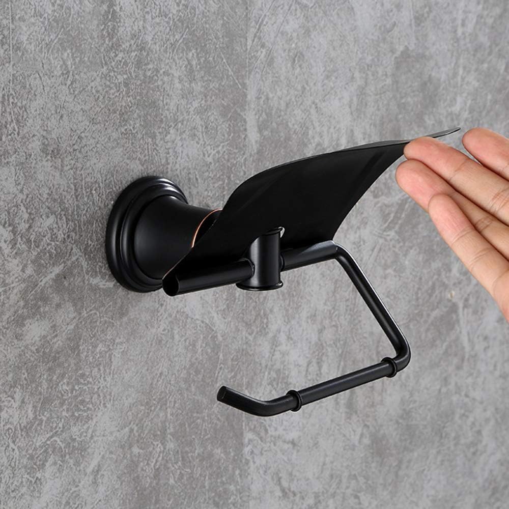 Toilet Paper Holder with Cover Black Wall Mount Paper Tissue Roll Holder Alloy Base Stainless Steel Hook Cover for Bathroom Hotel