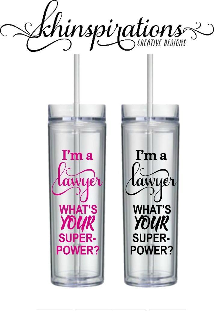 Khinspirations - Law School Graduation Gift for Lawyers Student Lawyer Travel Skinny Tall Tumbler Cup Mug with Straw Clear Pink Teal Mint Aqua Black Law Student Gift