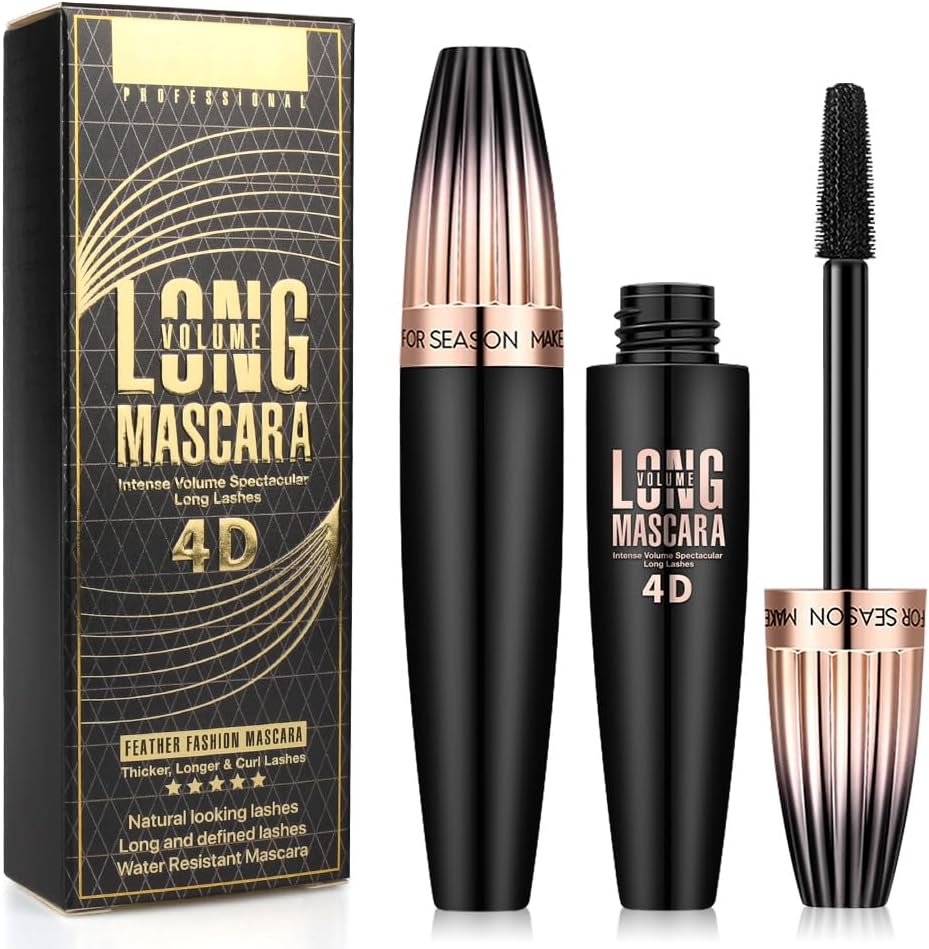 2 Pack 4D Silk Fiber Lash Mascara, Waterproof Very Black Long Lasting Mascara, Lengthening Lifting Multiplying Curling Natural Eyelash Primer Brush, Thickening Softer Lasting All Day, 2 Tube