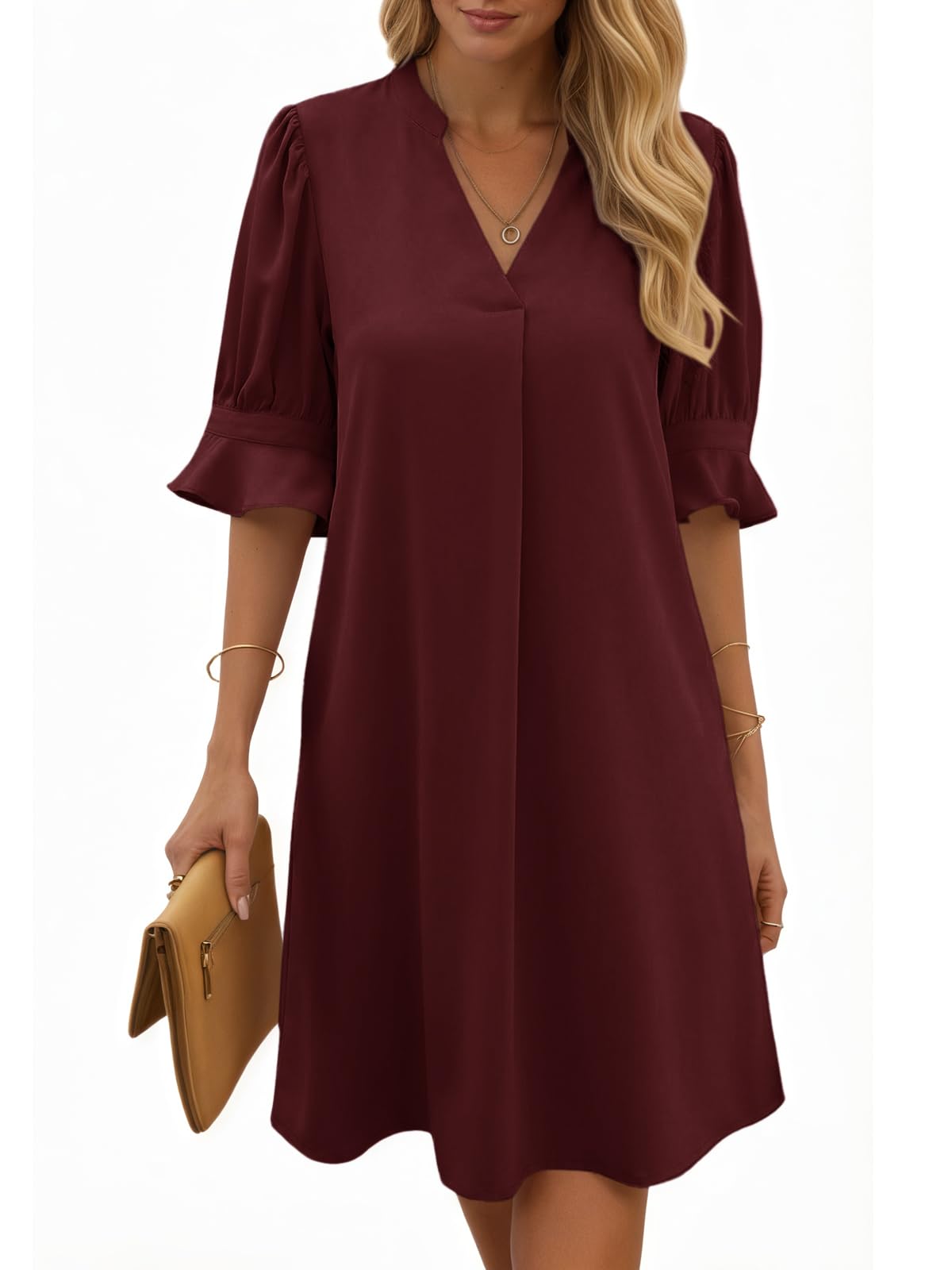 Cicy Bell Damen Sommerkleid Elegant Halbarm Hemdkleid V Ausschnitt Party Kleider Freizeitkleider Einfarbig Midikleid Casual A Linien Kurzes Kleid