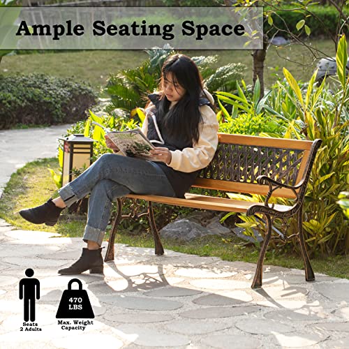 Gardenised Qi003462L Outdoor Classical Wooden Slated Park, Steel Frame Seating Bench For Yard, Patio, Garden, Balcony, And Deck, Brown #TOP4