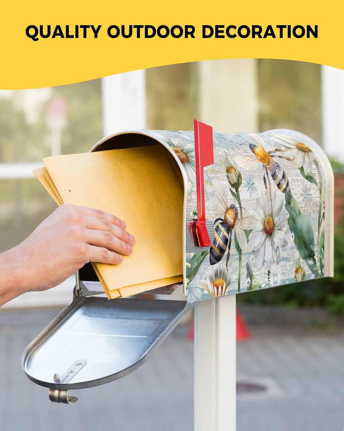 Bee Flower Mailbox Covers Magnetic Standard Size, Decorative Post Letter Numbers Box Wrap Decoration Covers Large Accessories for Garden Yard Outdoor Décor Farmhouse Blue Floral Spring Summer Wood