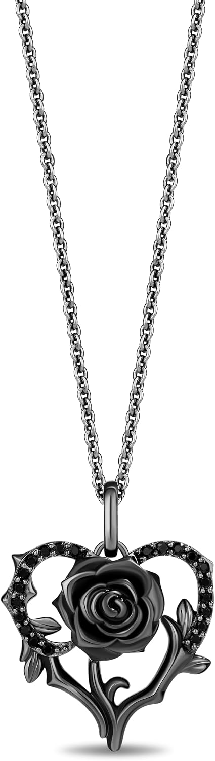 Jewelili Enchanted Disney Fine Jewelry Maleficent Heart Rose Necklace for Women | Black Rhodium over Sterling Silver | 1/6 CTTW Treated Black Diamonds | Cable Chain | Villain Jewelry Gifts for Her