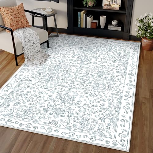 PureCozy Sage Green Area Rug 4x6 Washable Office Entryway Carpet Vintage Distressed Non Slip Kitchen Indoor Entry Neutral Low Pile Retro Floral Farmhouse Throw Mat for Laundry Dining Room Be