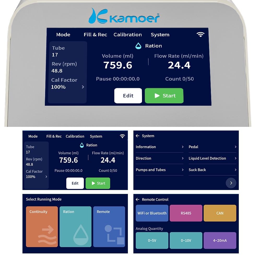 Kamoer UIP V2 Intelligent 0.1~1500ml/min high Flow peristaltic Pump with high-Precision Closed-Loop Stepper Motor 100V~240VAC dosing Pump Foot Switch RS485 Touch Screen Control for lab/Factory