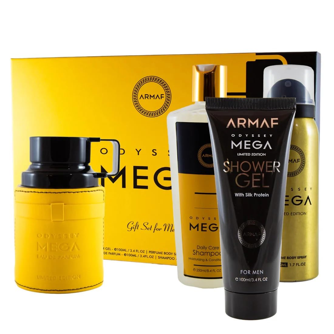 Armaf Odyssey Mega Limited Edition – Citrus, Woody, Fresh – 4-Piece Gift Set for Man (3.4 oz Eau de Parfum + 3.4 oz Shower Gel + 1.7 oz Body Spray + 8.4 oz Shampoo)