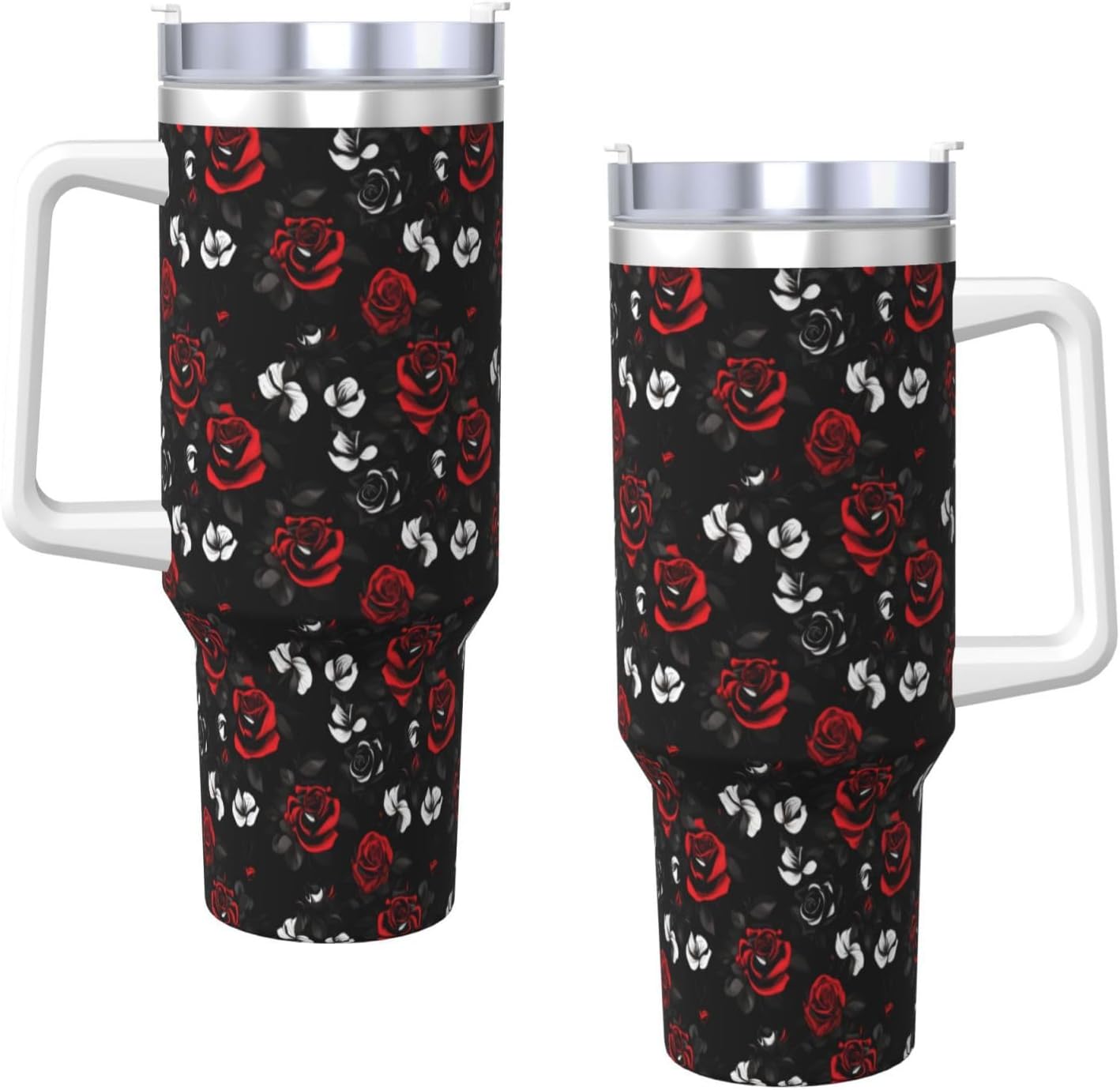 40 OZ Black White and Red Roses Print Ice Bully Cup with Handle Straw Lid Straw,Stainless Steel Tumbler Coffee Cup