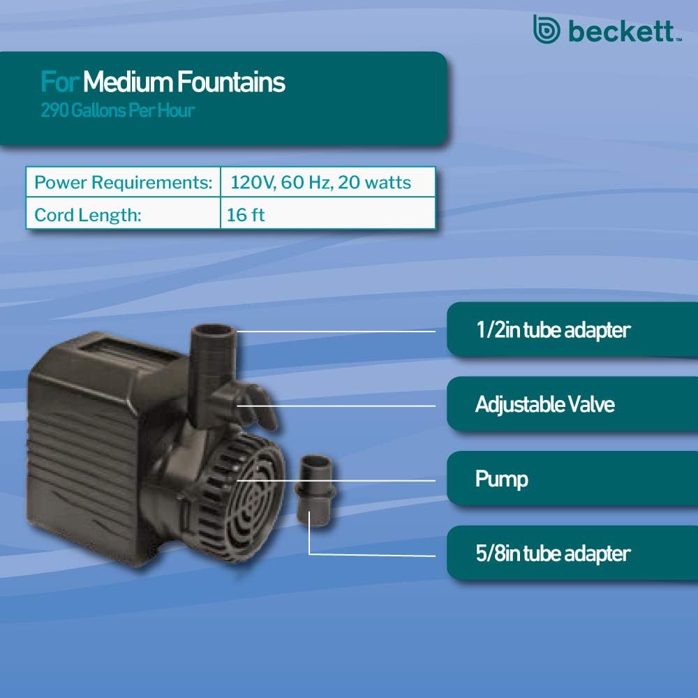 Beckett Corporation 7206610 280 GPH Submersible Water Pump for Indoor/Outdoor Ponds, Gallons Per Hour, Black : Patio, Lawn & Garden