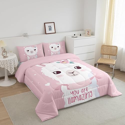 Miniatura 2 de Feelyou Lindo juego de edredón de llama, tamaño individual, suave, juego de ropa de cama de alpaca con llama rosa con funda de almohada, lindo