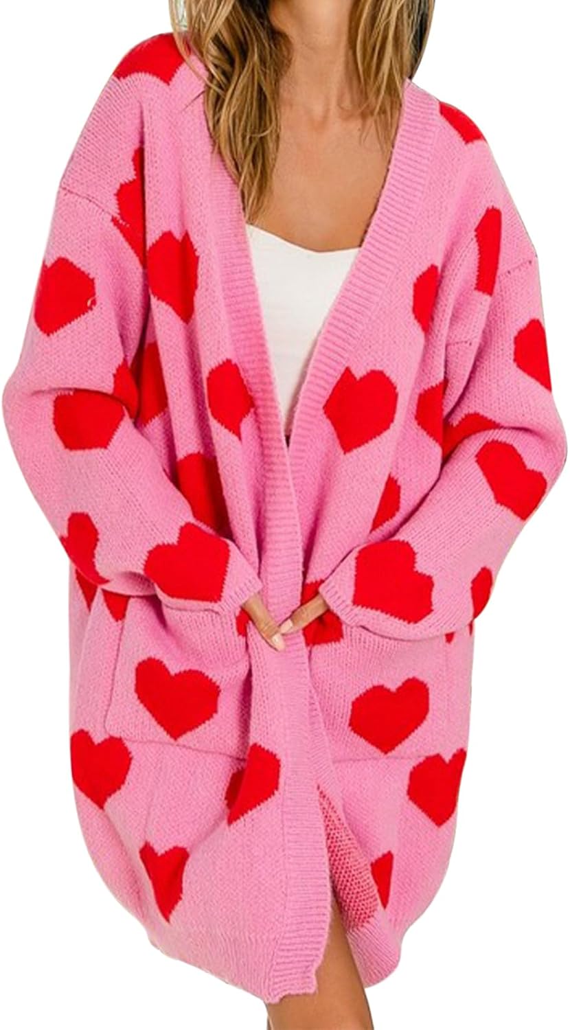 Women's Heart Knit Cardigan Valentines Long Sleeve Open Front Knitted Sweater Fall Spring Coat Tops Outwear