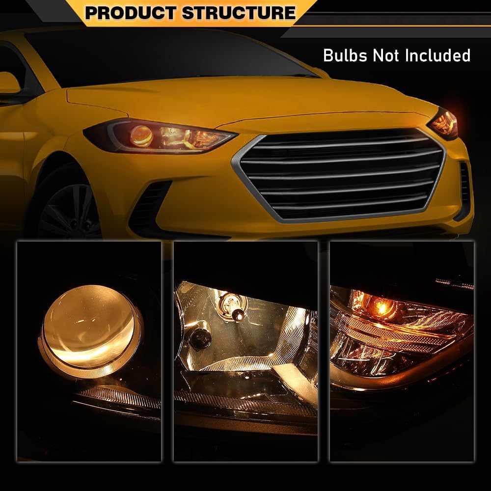 CNNELL Headlights Assembly Pair Compatible with Hyundai Elantra 2017-2018 Passenger & Driver Clear Lens Black Housing Amber Reflector