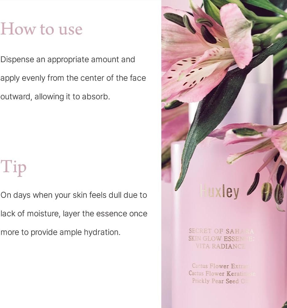 Huxley Secret of Sahara Skin Glow Essence Vita Radiance, 3% Niacinamide Face Serum, Korean Skincare Essence for Dewy Glow, Glass Skin Finish | 50ml / 1.69 fl. oz. - Image 5