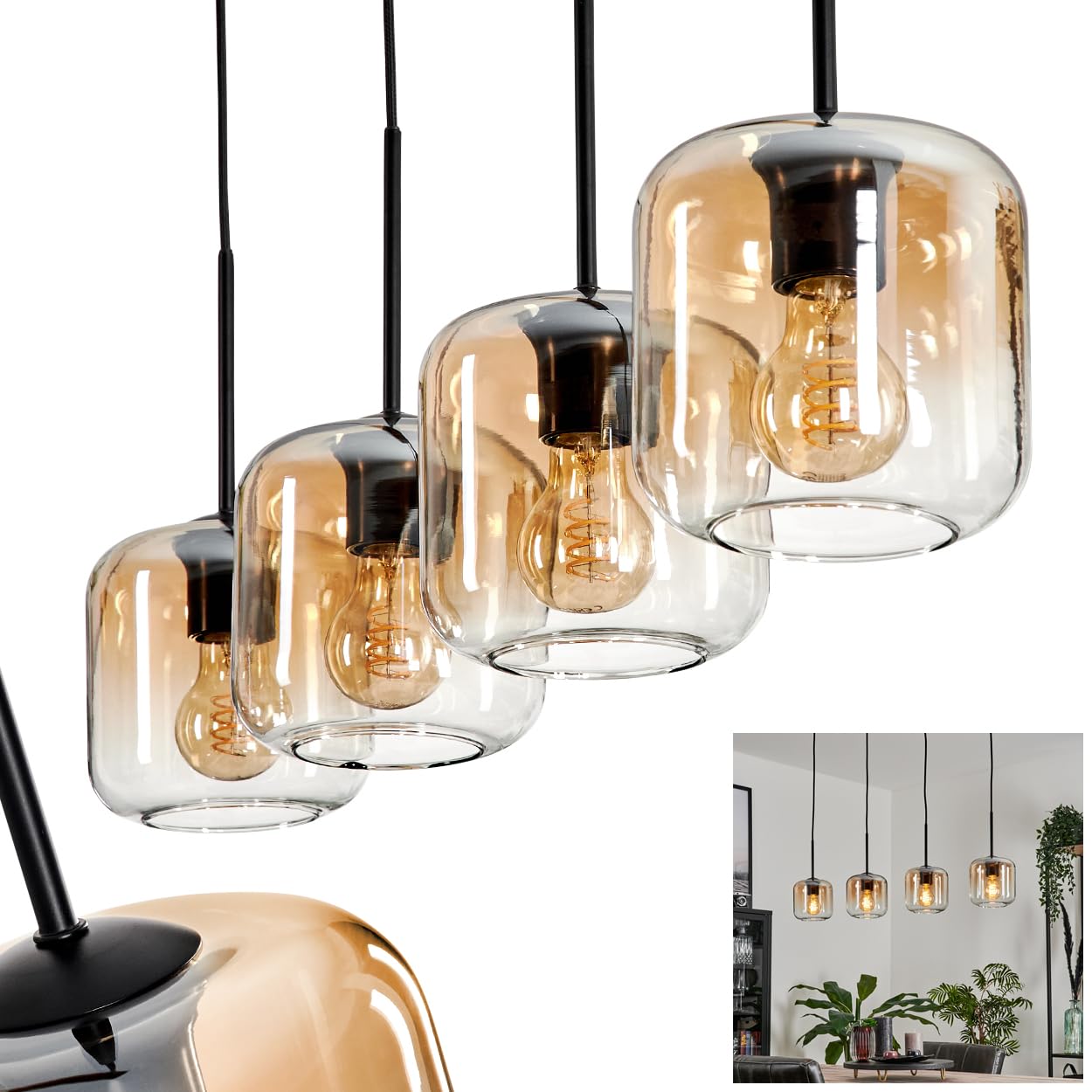 Hanging lamp Lauden, Hanging Light Made of Metal/Glass in Black/Amber/Clear, lampshades Made of Glass (Ø 15 cm), Height max. 147,5 cm, 4 x E27, Without Bulbs