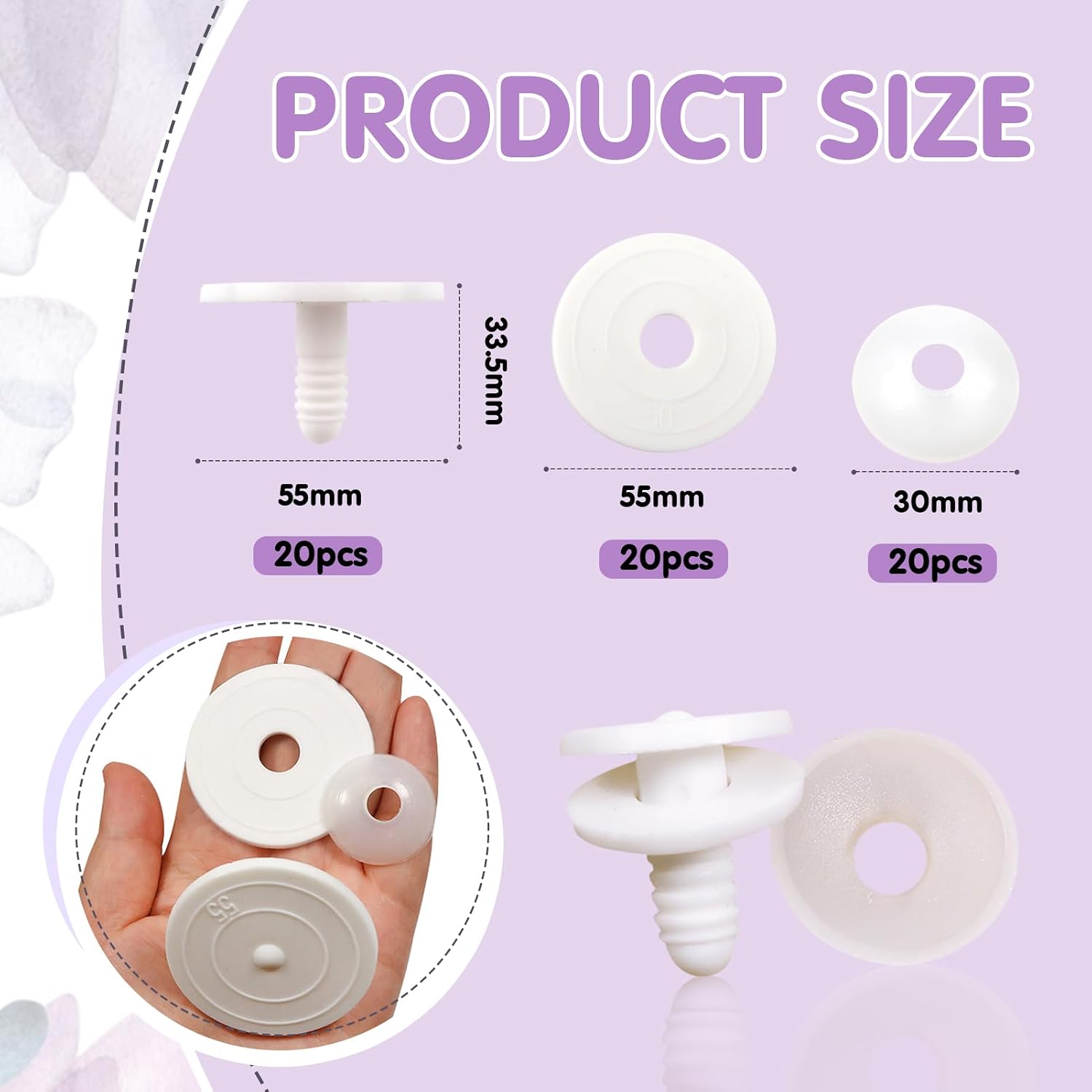 TOAOB 20 Set 55mm Joints for Amigurumis Crochet White Movable Plastic Animals Joints for Crochet Stuffed Animals Crafts Puppets Limbs and Arms Leg Neck Joints Making