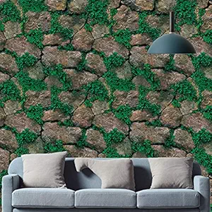 Impression Vinyl Peel And Stick, Self Adhesive Brick Stone With Green Grass 3D Pattern Waterproof HD Wallpaper, 200 x 45 cm