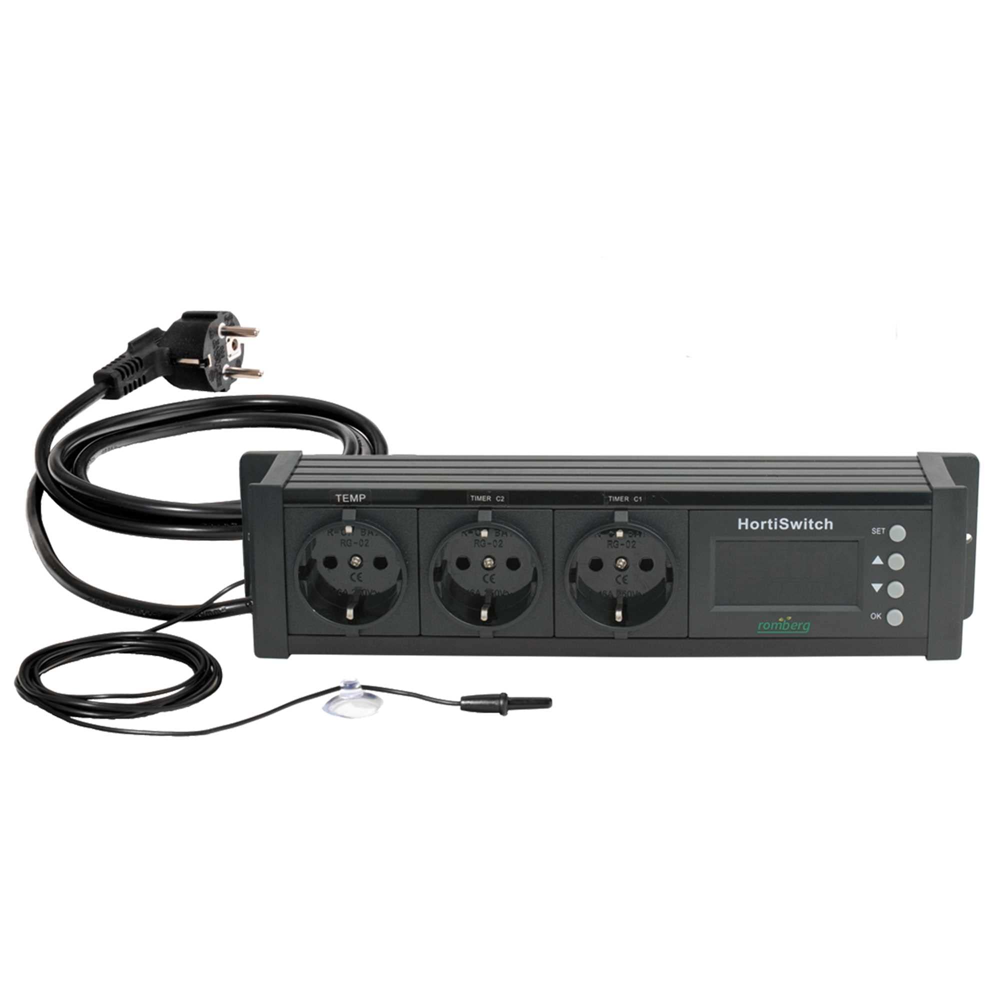 Romberg Thermostat HortiSwitch 3.0 - digitaler Temperaturregler mit Zeitschaltuhr, Heiz- & Kühlmodus, 3 Steckdosen bis 1500 W, für Zimmergewächshaus, Heizmatte & Pflanzenbeleuchtung,30 x 13.5 x 5.5 cm