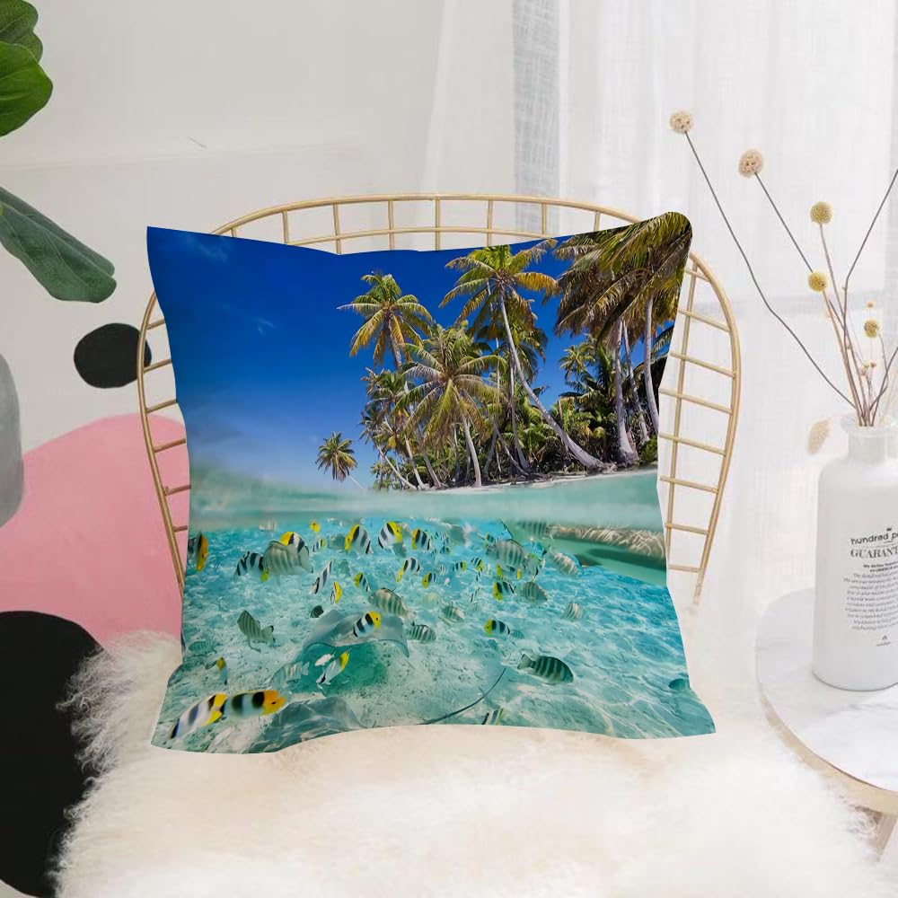HYMSXW Cushion Cover,Throw Pillow Case Home Decorative for Living Room Bedroom Sofa Chair 20X20 Inch,Coastal and terrestrial scenes, tropical fish schools, refreshing vacation styl,Pillowcase 50X50cm
