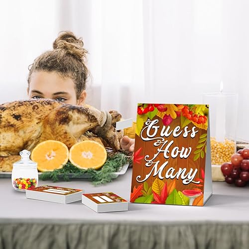 Miniatura 3 de Juegos del día de Acción de Gracias Guess How Many Games, 1 letrero de juego + 50 tarjetas de adivinanzas, juego de fiesta del día de Acción de