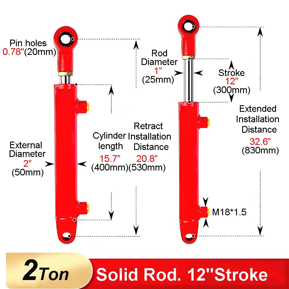 2 Ton Hydraulic Cylinder - 1.5" Bore, 12" Stroke -2