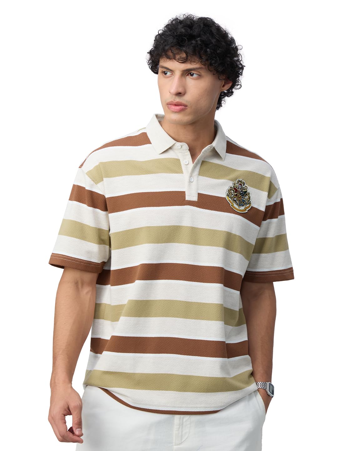 the souled store Harry Potter: Hogwarts Men and Boys Short Sleeves Collared Neck Embroidered Cotton Blend Oversized Polos-picture-32