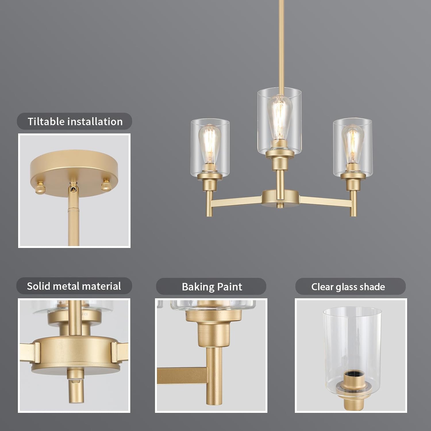LIGHTDAMY 3-Lights Gold Chandeliers for Dining Room Light Fixture, Farmhouse Chandeliers Over Table, Hallway Lighting Fixtures with Glass Shade for Entryway Dining Room Kitchen Island Foyer