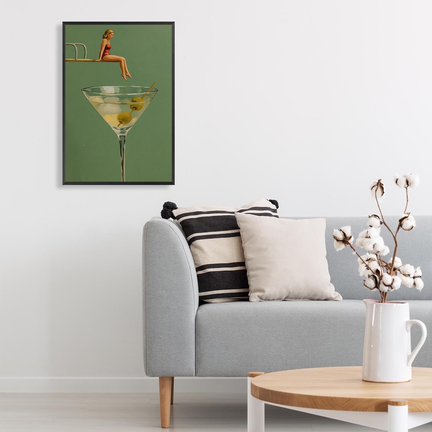 Vintage Surreal Martini Canvas Wall Art Funny Cocktail Diving Board Women'S Posters Trendy Sage Green Alcohol Aesthetic Prints Painting For Home Kitchen Dorm Wall Decor 16x24in Framed