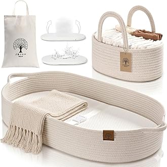 J&JOO Baby Changing Basket - Breathable, Waterproof Covers, Wipeable Changing Pad for Changing Table Toper & Dresser, Cotton Rope Baby Basket (Light Cream/Bamboo, Caddy Set)