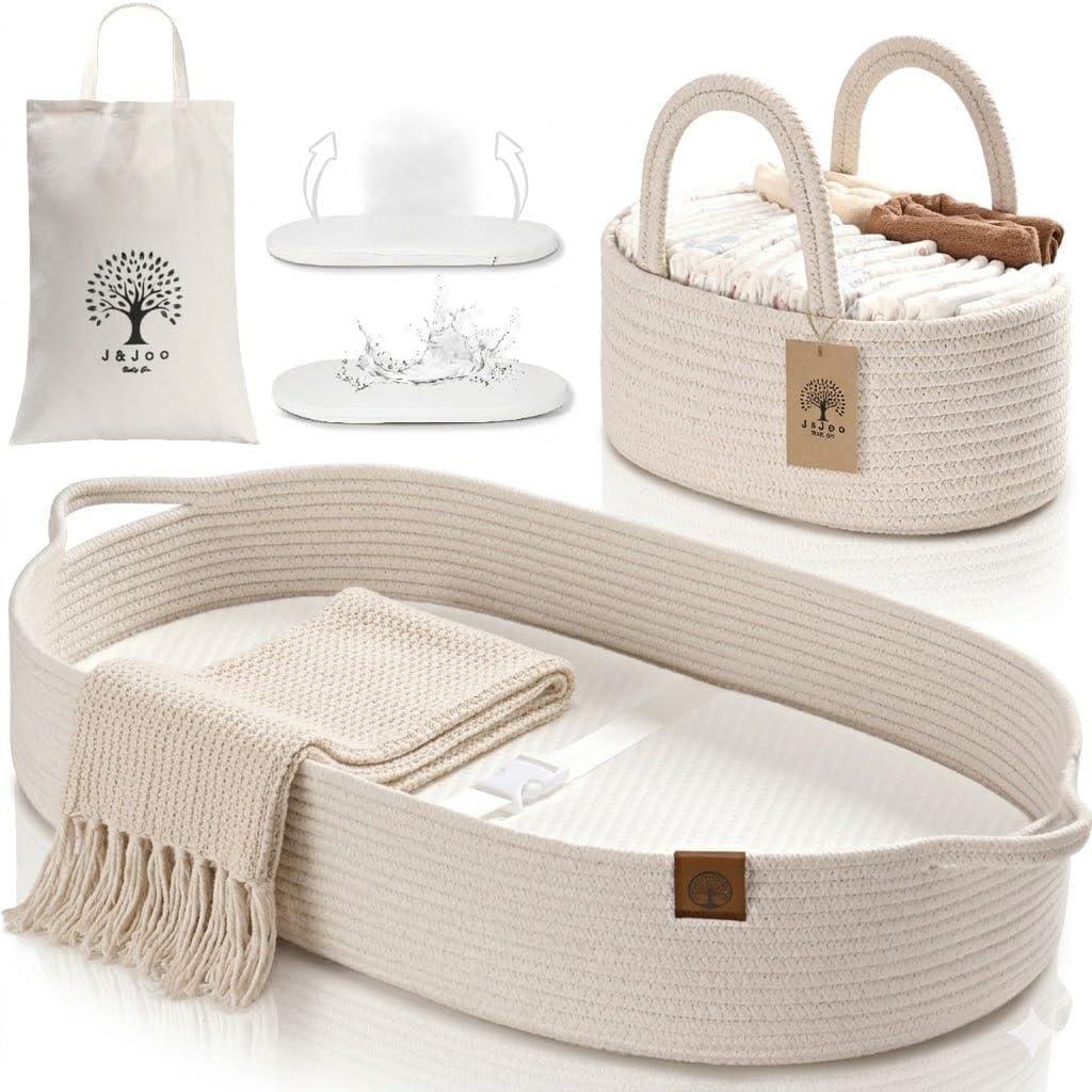 J&JOO Baby Changing Basket - Breathable, Waterproof Covers, Wipeable Changing Pad for Changing Table Toper & Dresser, Cotton Rope Baby Basket (Light Cream/Bamboo, Caddy Set)