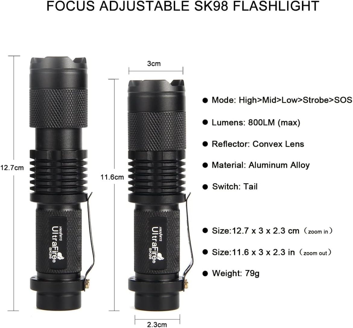 ULTRAFIRE Super Bright Mini Flashlight, Super Bight 800 Lumen Flashlight Led Torch, Adjustable Pocket Flashlights Kit SK98