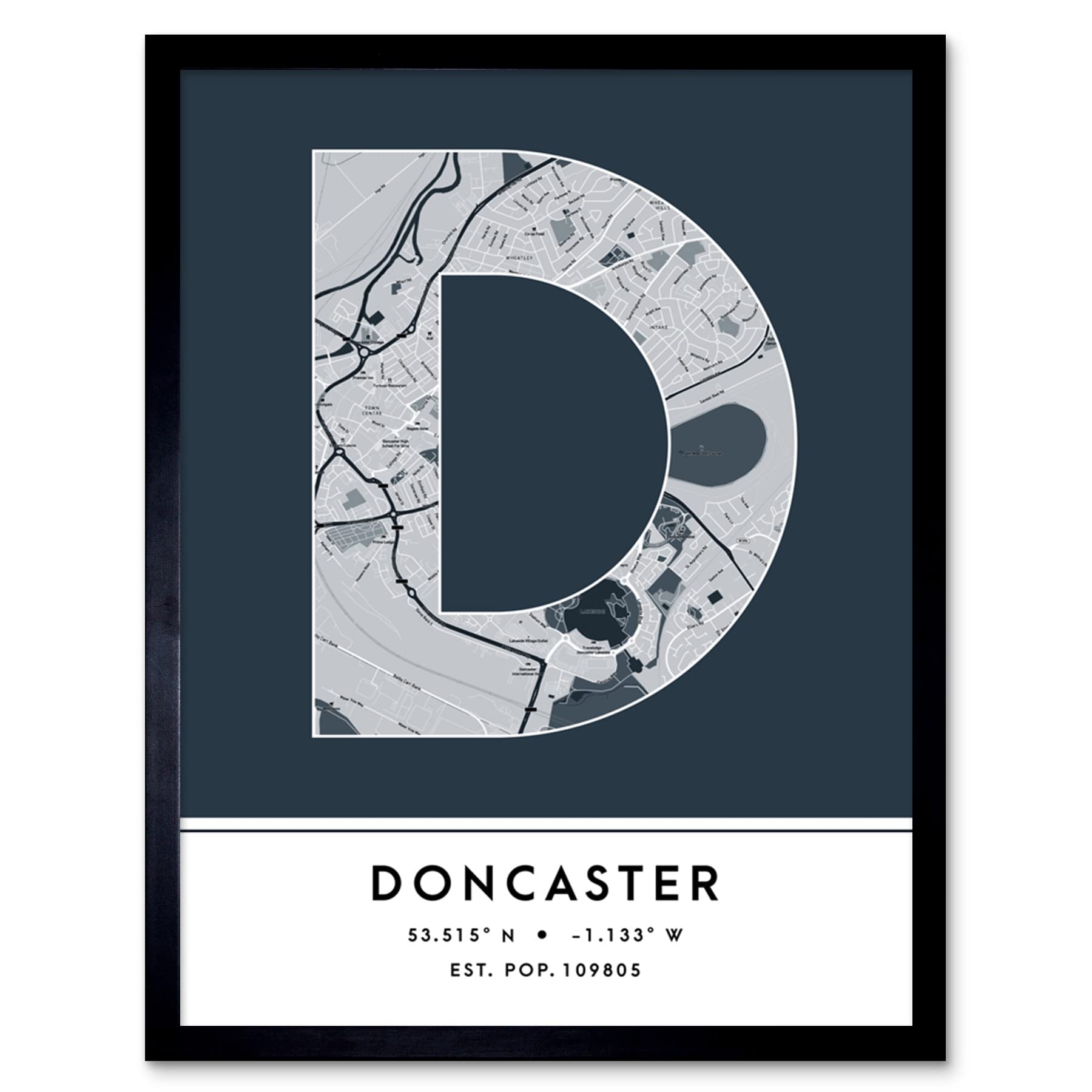 Doncaster England City Map Art Print - Modern Typography - Navy - W12 x H16 inch