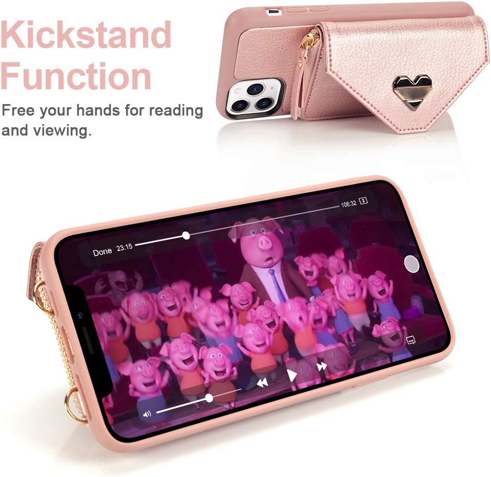 iPhone 11 Pro Wallet Case 5.8 inch, JLFCH iPhone 11 Pro Crossbody Case with Card Holder Wrist Strap Purse Chain Zipper Cover for iPhone 11 Pro 5.8 inch, Rose Gold