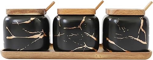 Miniatura 20 de Juego de tarros de especias de cerámica para condimentos de porcelana, caja de condimentos de cerámica de mármol, 3 macetas de condimentos para sal