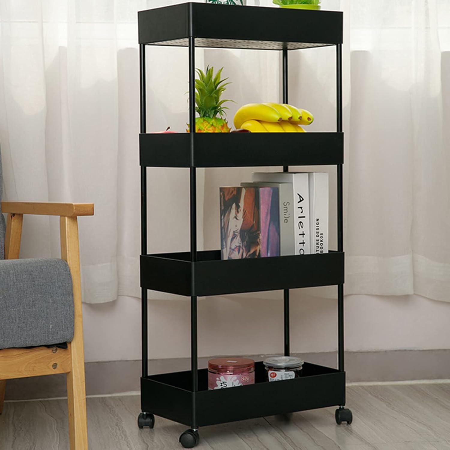 Countertop Storage Rack with Hooks, Multi-Functional Storage Organization for Living Room Bathroom Kitchen Supplies Storage Basket(Size:4 Layers,Color:White) (Black 4 Layers)