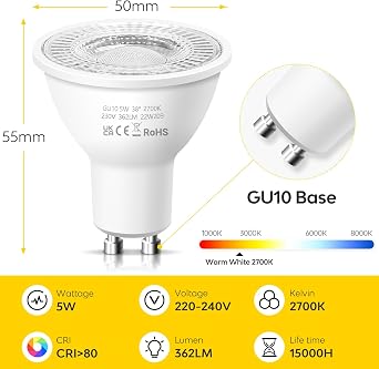 GU10 LED Spotlight Bulbs, Warm White 2700K 5W Energy Saving Light Bulbs, (Equivalent to 50W) Halogen Spotlight Bulbs, Non-dimmable 220-240V 362LM, 38° Beam LED Bulbs for Ceiling, Pack of 10 [Energy Class F]