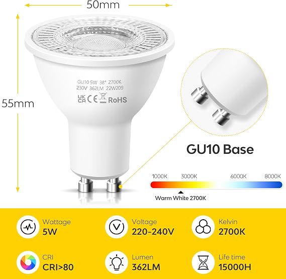 GU10 LED Spotlight Bulbs, Warm White 2700K 5W Energy Saving Light Bulbs, (Equivalent to 50W) Halogen Spotlight Bulbs, Non-dimmable 220-240V 362LM, 38° Beam LED Bulbs for Ceiling, Pack of 10 [Energy Class F]