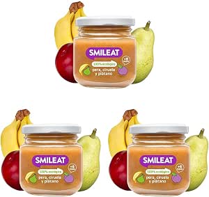 Smileat - Tarrito de Frutas Ecológicas con Pera, Ciruela y Plátano para peques +6 Meses - Sin Azúcar Añadido, Sin Sal, Sin Leche, Sin Huevos - 130g (Paquete de 3)