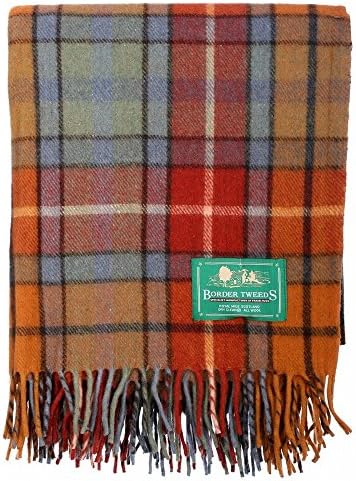 The Scotland Kilt Company Picnic Rug Scottish Tartan Throw in Buchanan Autumn - Warm 100% Wool Travel Blanket with Fringed Edges - 60 x 70