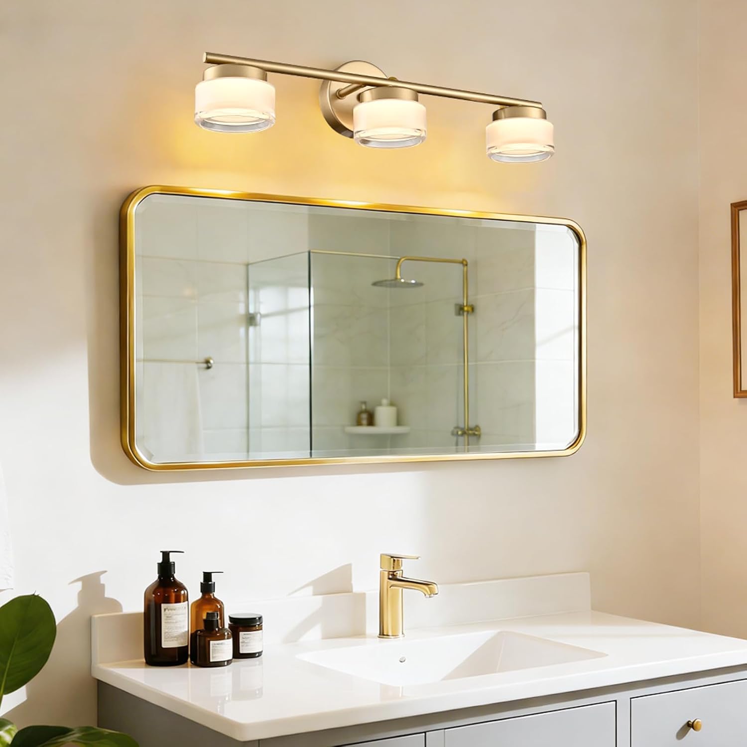 DANSEER Gold 3-Light LED Bathroom Vanity Light, Acrylic Shade 3000K Warm White Vintage Vanity Lights for Bathroom Over Mirror, Bathroom Light Fixtures Wall Sconces for Bathroom Bedroom
