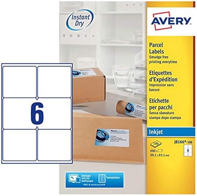 Avery Self Adhesive Parcel Shipping Labels, Inkjet Printers, 6 Labels Per A4 Sheet, 600 labels, QuickDRY (J8166), White