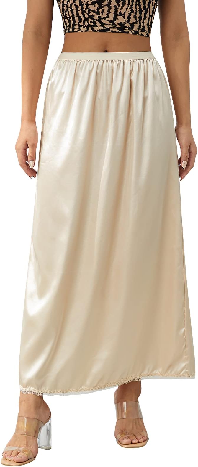 Edhomenn Women's Satin Half Slips Solid Color Long Underskirt Elastic Waist Inner Lining Midi Skirt Y2k Ladies Petticoats Under Dresses